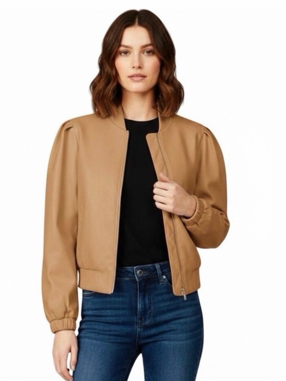 House of Harlow 1960 Chic Faux Leather Jacket M Tan Puff Shoulder NWOT